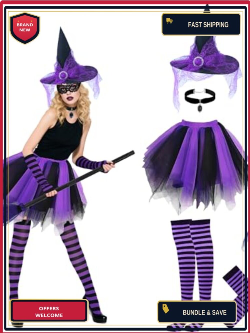 Halloween Witch Costume Set Tutu Dress Hat Broom Socks Gloves Choker